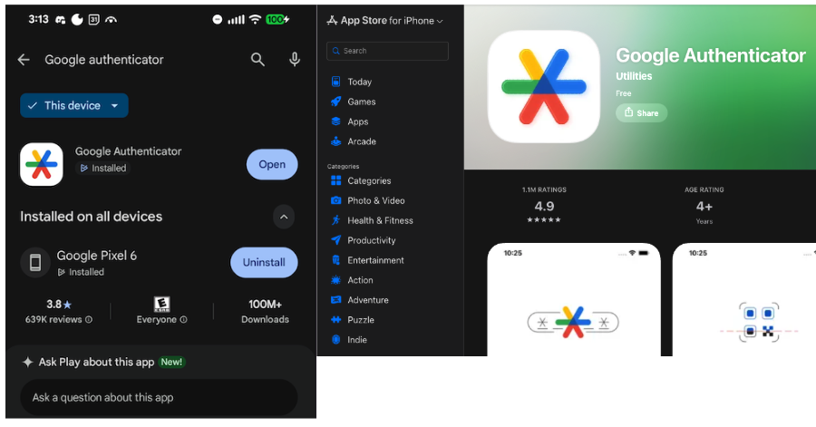 Google authenticator App Left Side Android / Right Side iPhone